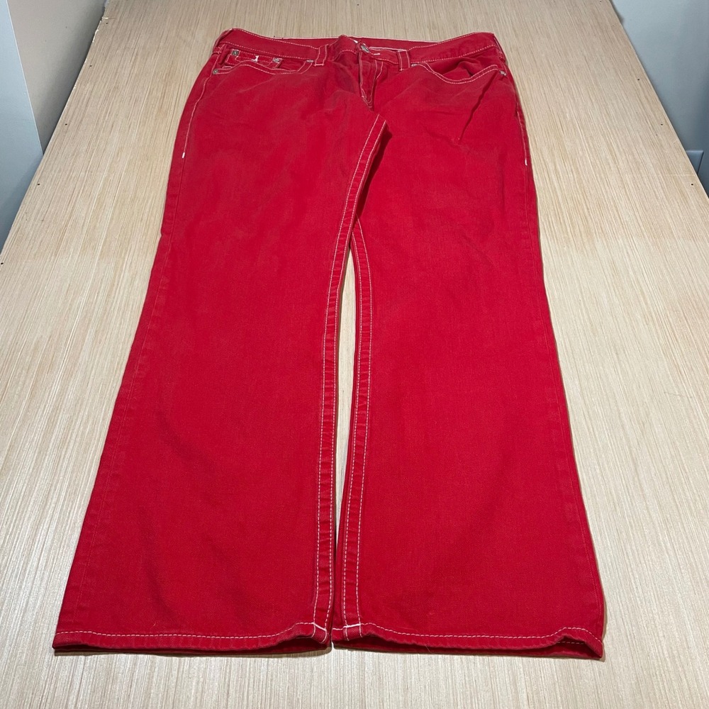 True Religion Jeans Mens Red Straight Leg Big T Contrast Stitch Size 40